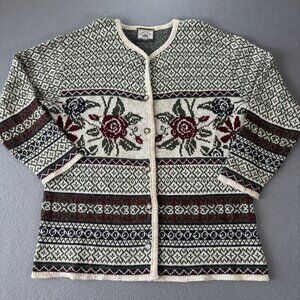 Vintage Trico Club Womens L Button Cardigan Nordic Floral Roses Fair Isle Knit